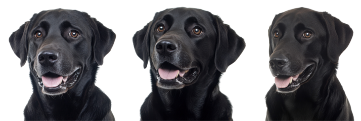 Drei glückliche schwarze Labrador Retriever mit glänzendem Fell auf neutralem Hintergrund png