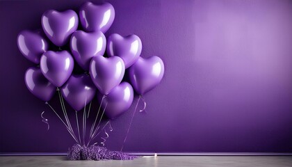 purple balloons near purple wall with copy space valentines day banner design