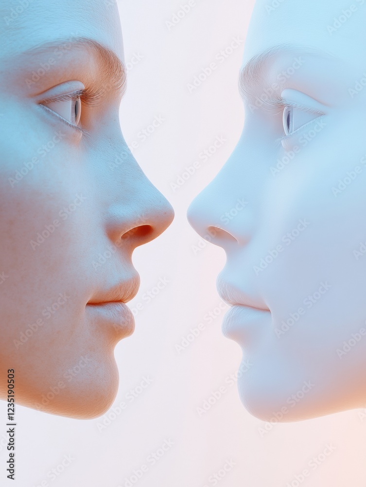 Poster two contrasting faces showcase the effects of aging and youthfulness in a minimalist setting. genera