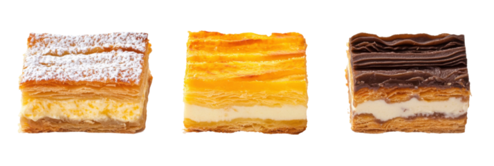 Drei köstliche Blätterteiggebäcke mit Sahne und Belag isoliert auf transparentem Hintergrund png