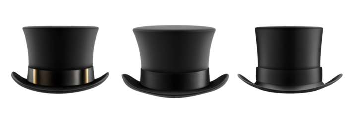 Drei klassische schwarze Zylinder mit markanten Bändern isoliert auf transparentem Hintergrund png