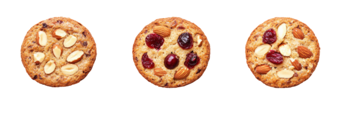 Drei verschiedene Nuss- und Beerenkekse mit Mandeln und Preiselbeeren auf transparentem Hintergrund png