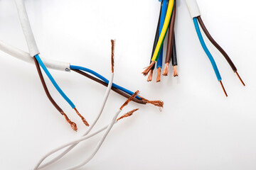 Various copper electrical wires isolated on white background. electrical wire on wire coils background