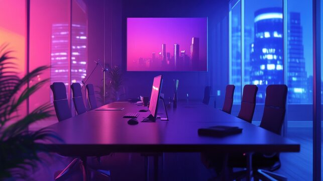 A modern office with a cityscape projection on the wall.