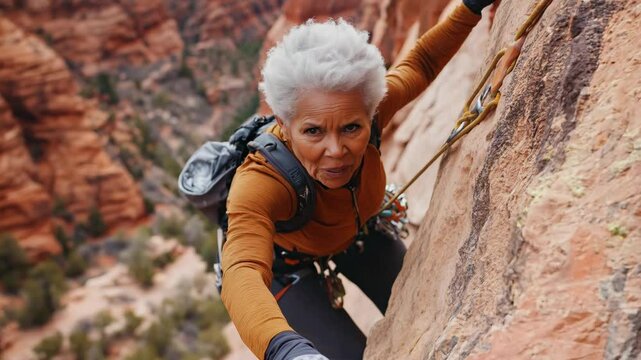 A determined elderly woman ascends a challenging rock formation, showcasing her strength and climbing skill against a breathtaking natural backdrop - Powered by Adobe