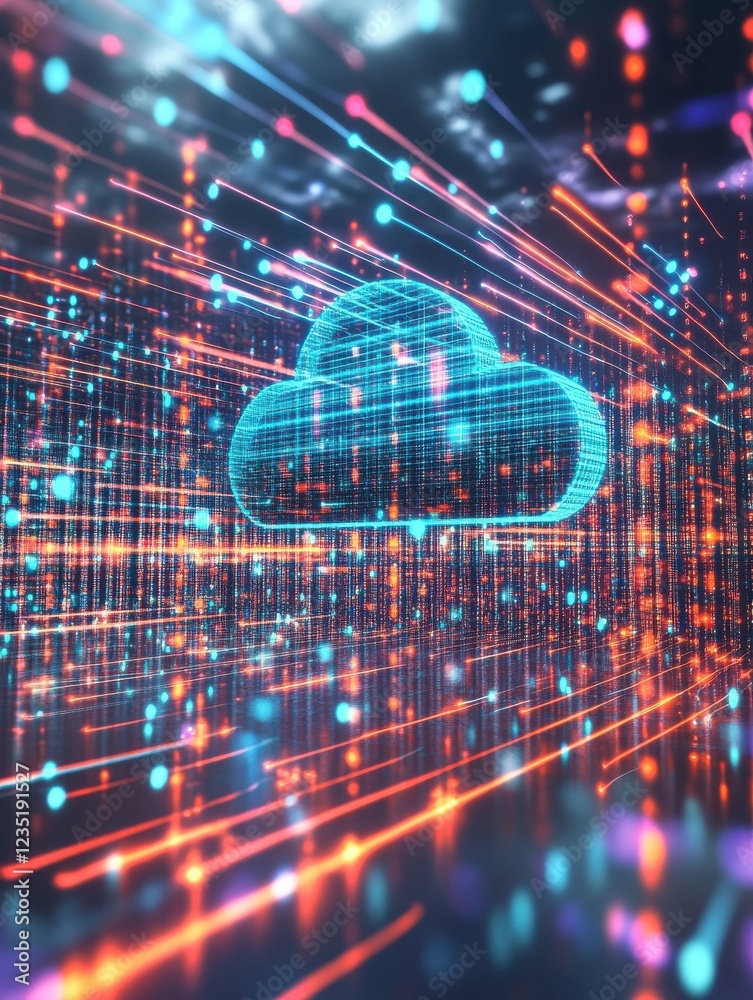 Poster conceptual visualization of cloud computing with holographic symbols for secure data flow and storag