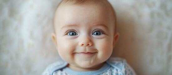 Adorable baby smiling warmly on a soft blanket, capturing a moment of joy and innocence