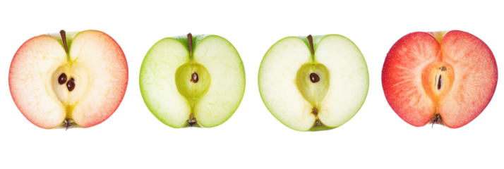Aufgeschnittene rote und grüne Äpfel mit Kernen und innerer Struktur in einer horizontalen Reihe png