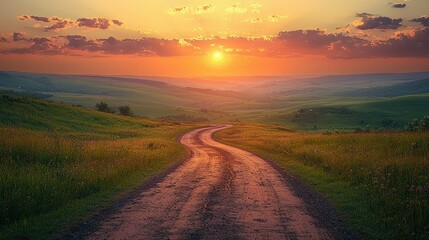 Sunset Over Rolling Hills Country Road Scene
