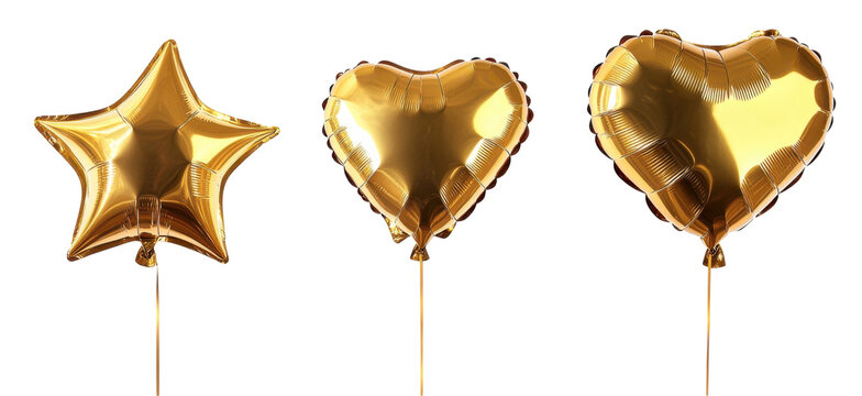 Gl&auml;nzende goldene Herz- und Sternballons an Schn&uuml;ren isoliert auf transparentem Hintergrund png