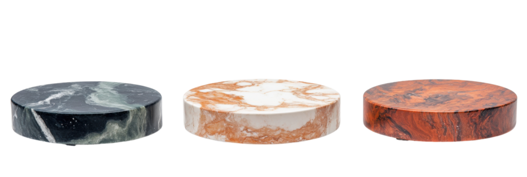 Satz aus drei runden Marmorplattformen in Schwarz-, Weiß- und Rottönen png