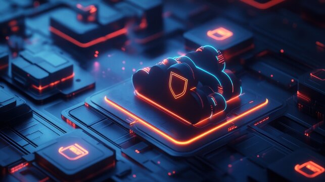 cloud storage and data protection. Cloud storage protection with real-time login verification, glowing shield icons and dynamic access visuals, 3D illustration
