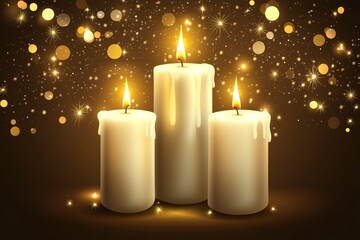 Three Burning Candles with Golden Sparkle Background