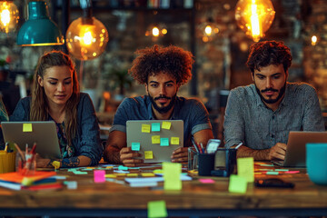 Fototapeta premium Diverse professionals collaborate on startup project with digital devices and sticky notes in inspiring workspace