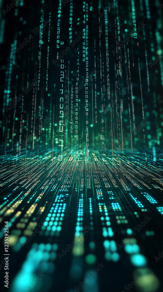 Poster abstract representation of numbers flowing in a digital landscape with a futuristic aesthetic featur