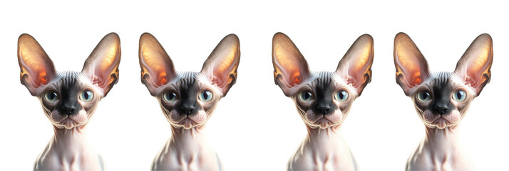 Reihe von vier Sphynx-Kätzchen mit markanten Ohren und großen blauen Augen, die nach vorne schauen png