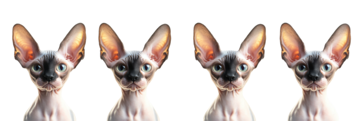 Reihe von vier Sphynx-Kätzchen mit markanten Ohren und großen blauen Augen, die nach vorne schauen png
