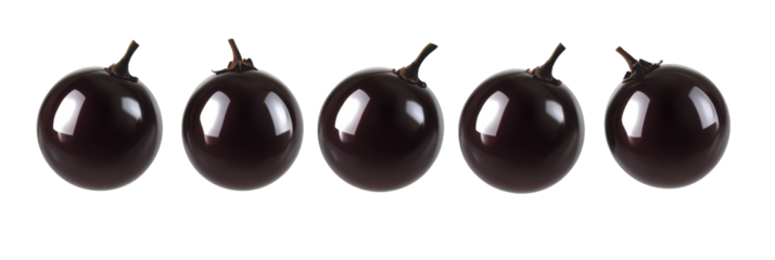 Reihe von fünf glänzenden schwarzen Trauben mit Stielen auf transparentem Hintergrund png