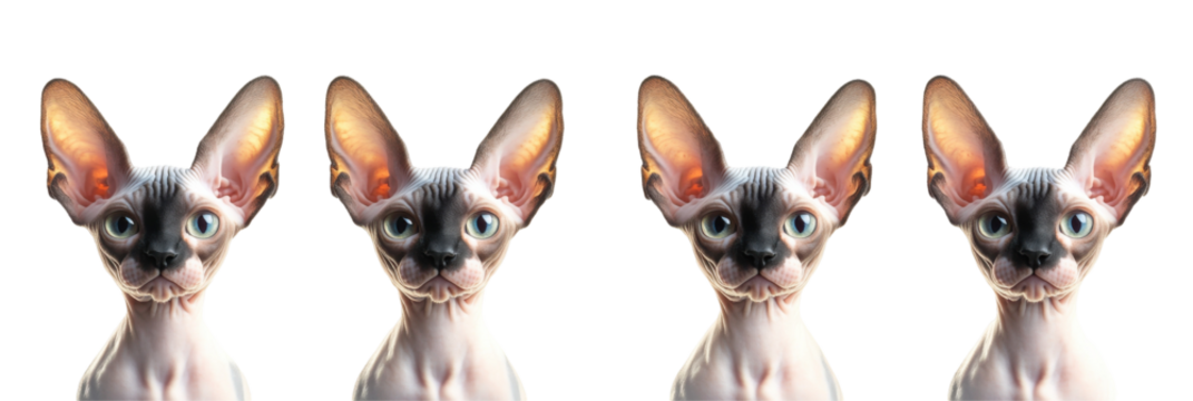 Reihe von vier Sphynx-Kätzchen mit markanten Ohren und großen blauen Augen, die nach vorne schauen png
