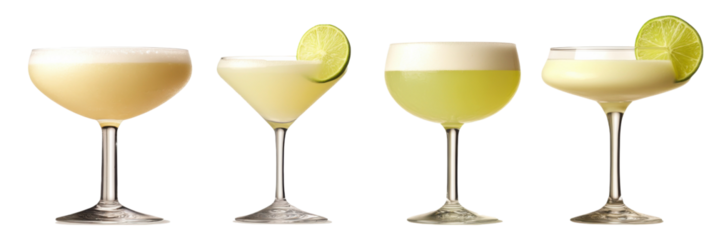 Erfrischende Zitruscocktails: vier verschiedene Gläser mit Limetten garnierter Getränke auf transparentem Hintergrund png