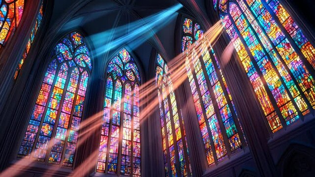 Stunning stained glass windows illuminate a historic cathedral with colorful light beams in the afternoon