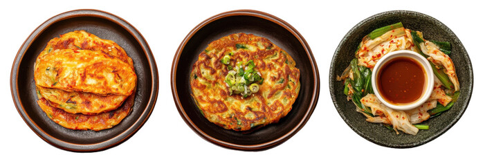 Gerichte der koreanischen Küche mit Kimchi-Pfannkuchen und Frühlingszwiebelfrikadellen mit Soja-Dip png