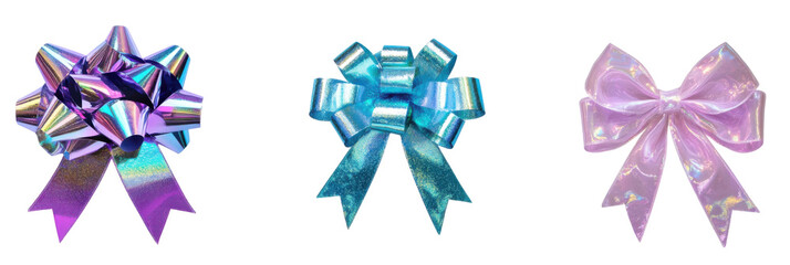 Schillernde Geschenkschleifen in Lila, Blau und Pink mit glänzendem Metallic-Finish auf transparentem Hintergrund png