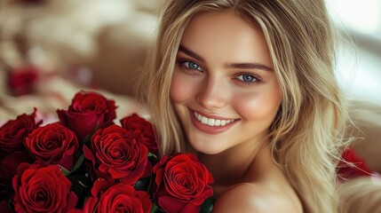 Naklejka premium Beautiful Blonde Woman Holding a Bouquet of Red Roses