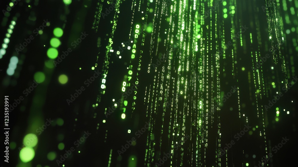 Poster green binary code rain with digital particles in dark background