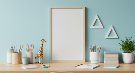 A playful yet organized childrens workspace with a wooden desk and a light blue wall as a backdrop