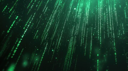 Abstract Green Digital Matrix with Glowing Code Strands Falling Down