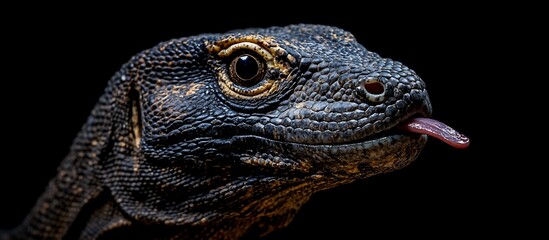 Fototapeta premium Close-up of a Komodo dragon's head with a striking texture and vivid colors against a black background