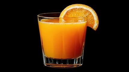 A vibrant glass of orange juice garnished with a fresh orange slice, set against a dark background.