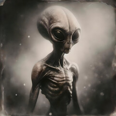 Old grainy vintage portrait of a Grey Alien in the night