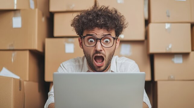 A surprised man with curly hair reacts in shock while working on a laptop, surrounded by stacks of cardboard boxes.