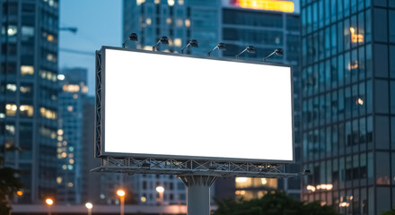 A large rectangular billboard with a blank white screen positioned in an urban cityscape setting