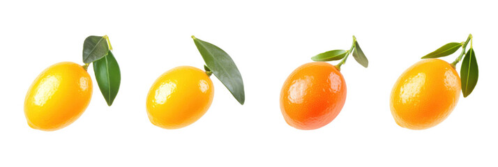 Frische gelbe und orange Kumquats mit grünen Blättern auf transparentem Hintergrund png