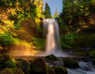 Fototapeta premium A serene waterfall surrounded by lush green trees and moss-covered rocks, with mist rising from the cascading water.