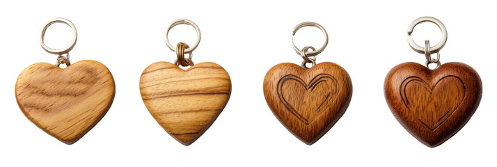 Vier hölzerne Herz-Schlüsselanhänger in verschiedenen Farben mit geschnitzten Mustern auf transparentem Hintergrund png