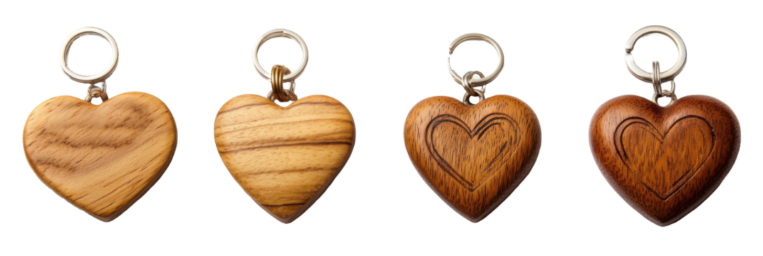 Vier hölzerne Herz-Schlüsselanhänger in verschiedenen Farben mit geschnitzten Mustern auf transparentem Hintergrund png