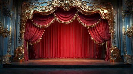 Fototapeta premium Ornate stage with red curtains and gold accents. Baroque Drama. Illustration