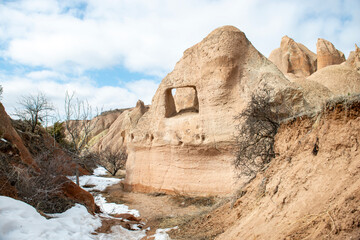 Rock formations of the Red Valley (Valley of Roses), Cappadocia, Turkey , in winter