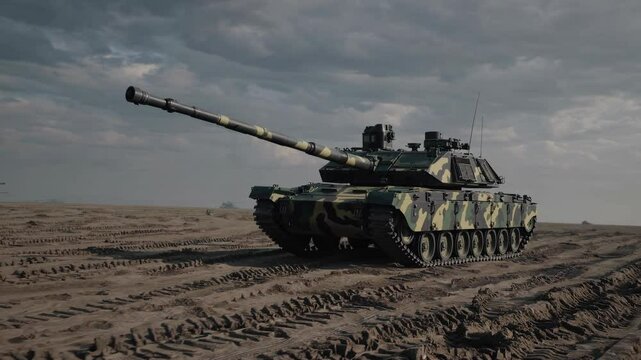 Modern military tank with camouflage pattern traversing desert terrain under dramatic cloudy sky. Combat vehicle demonstration in harsh environment. Strategic defense equipment