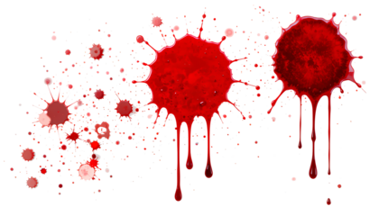 Set of blood drops and stains, cut out on white background.
