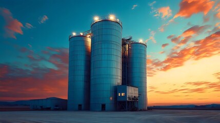 Obraz premium A large industrial building with three tall silos