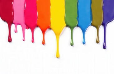 Naklejka premium Vibrant colorful paint drips, blending seamlessly in rich streams, creating a mesmerizing gradient on white background