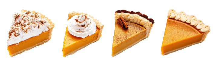 Vier köstliche Kürbiskuchenstücke mit Schlagsahne, Zimt, Kakao und dekorativen Krusten png