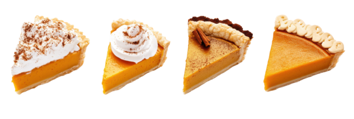 Vier köstliche Kürbiskuchenstücke mit Schlagsahne, Zimt, Kakao und dekorativen Krusten png