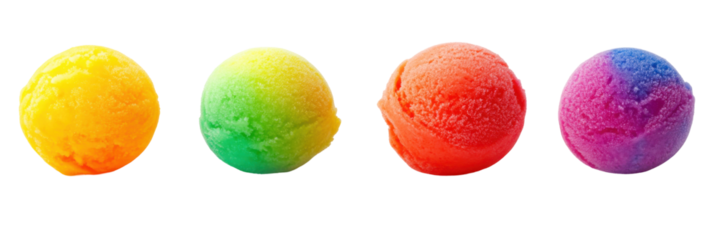 Vier bunte Sorbetkugeln in Gelb, Grün, Orange und Lila auf transparentem Hintergrund png