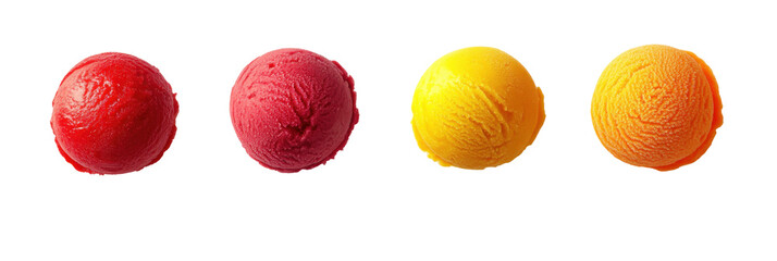 Vier bunte Eiskugeln: rot, himbeere, gelb, orange, isoliert png